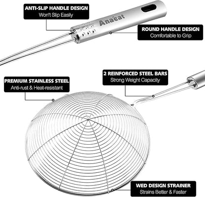 Anaeat Stainless Steel Spider Skimmer, Set of 3 Professional Kitchen Pasta Strainer Spoon with Long Handle - Asian Strainer Ladle Wire Skimmer Spoons for Cooking and Frying (4.5"+5.3"+6.1")