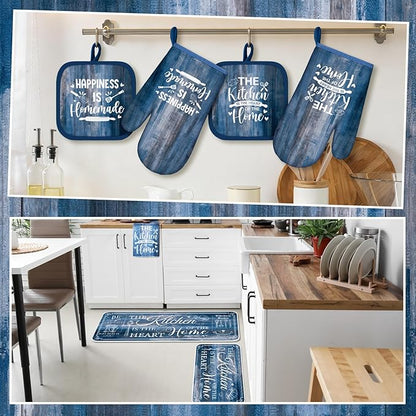 Fourluoo 10 Pcs Farmhouse Kitchen Decor and Accessories Set 4 Kitchen Towels 2 Pot Holders 2 Oven Mitts 2 Rugs for Cooking Baking Mom Housewarming Gifts(Blue,Classic Style) - Image 4
