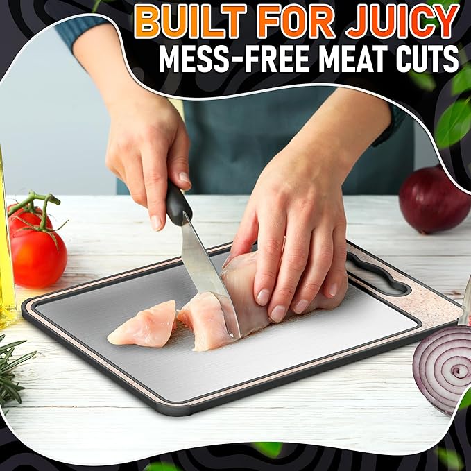Double Sided Metal Cutting Board Titanium 14.3"x9.8" - GR1 Titanium Cutting Board with Sharpener for Knife for Meat & Wheat Straw + PP for Fruits - Non-slip, Built-in Garlic Grater & Juice Grooves