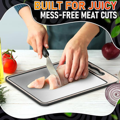 Double Sided Metal Cutting Board Titanium 14.3"x9.8" - GR1 Titanium Cutting Board with Sharpener for Knife for Meat & Wheat Straw + PP for Fruits - Non-slip, Built-in Garlic Grater & Juice Grooves