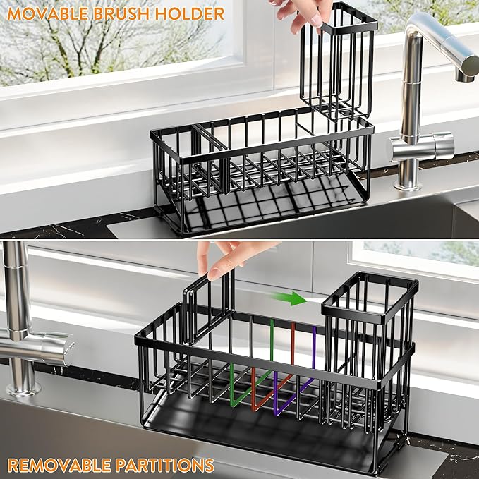 Cisily Extra Large Kitchen Sink Caddy Organzier with High Brush Holder, Sponge Holder for Sink, 304 Rustproof Stainless, Kitchen Countertop Soap Dispenser Organizer For Decor and Accessories - Image 4