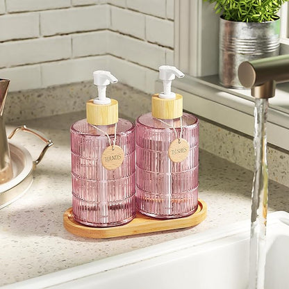 MASADI Soap Dispenser Set with Bamboo Tray, Dish and Hand Soap Lotion Dispenser Set with Wooden Pump for Kitchen and Bathroom Decor for Counter, Modern Vintage Liquid Soap Dispensers (Pink&Bamboo) - Image 5