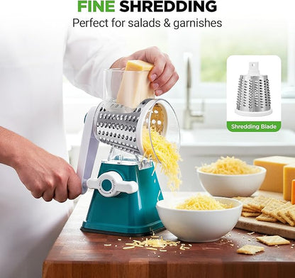 NutriChef 3 in 1 Cheese Grater & Shredder | Strong Suction Base, Rotary Handle with Safety Lock | Includes Hand Crank & 3 Drum Blades for 3 Textures, Fine, Medium & Strips | Green - Image 4