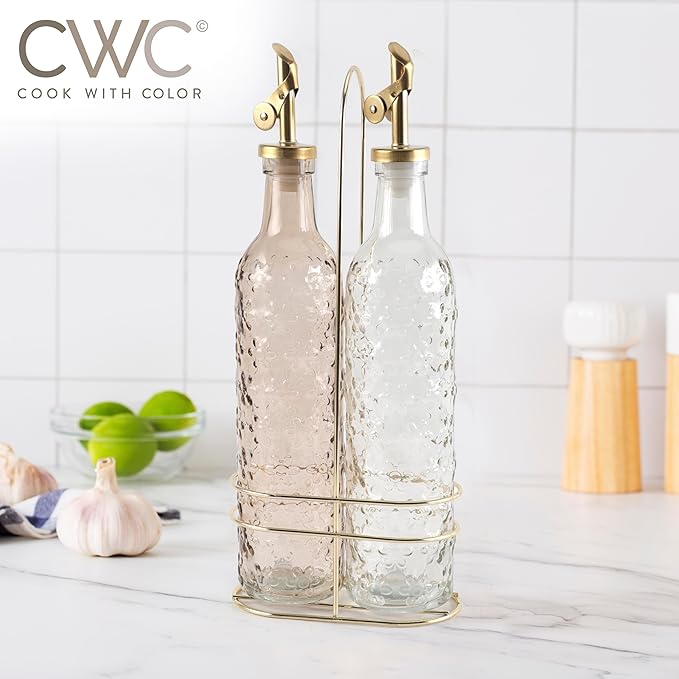 COOK WITH COLOR Glass Olive Oil Bottle Dispenser - 2 Pack- 17oz Oil and Vinegar Cruet - Olive Oil Carafe Decanter for Kitchen, Floral, Brown - Image 6