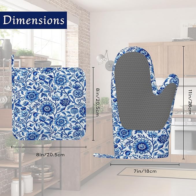 Oven Mitts and Pot Holders Sets Blue White Floral Silicone Kitchen Mits Potholders Vintage Flowers Heat Resistant 4Pcs Oven Gloves Hot Pads for Baking Cooking BBQ Grilling Home Decor