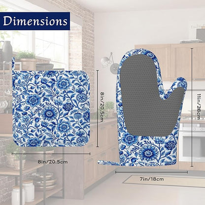 Oven Mitts and Pot Holders Sets Blue White Floral Silicone Kitchen Mits Potholders Vintage Flowers Heat Resistant 4Pcs Oven Gloves Hot Pads for Baking Cooking BBQ Grilling Home Decor