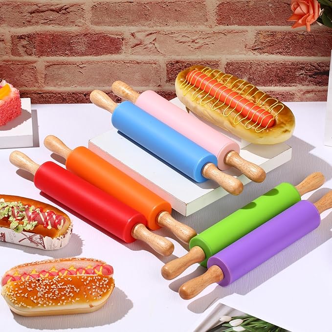 Dandat 12 Pcs Small Rolling Pin Kids 12 Inch Mini Silicone Rolling Pin for Baking Non Stick Kids Dough Roller with Wooden Handle for Kitchen Cookie Pastry Fondant Cake 6 Colors - Image 4