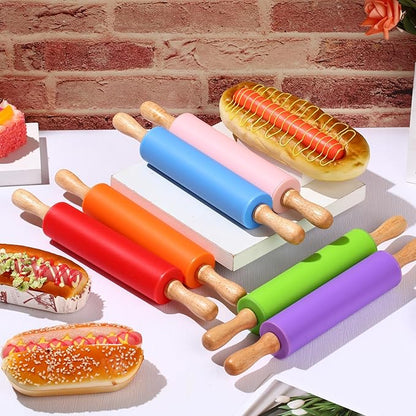 Dandat 6 Pcs Small Rolling Pin Kids 12 Inch Mini Silicone Rolling Pin for Baking Non Stick Kids Dough Roller with Wooden Handle for Kitchen Cookie Pastry Fondant Cake 6 Colors - Image 4