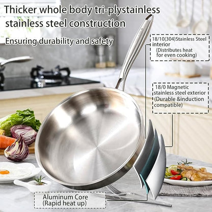 DELARLO Stainless Steel Pan 10.3Inch, Tri-ply Stainless Steel Frying Pan with Lid, Heavy Duty, Compatible with All Cooktop, up to 650℉, Fast & Even Heating, PTFE & PFOA Free, Oven Safe Skillet