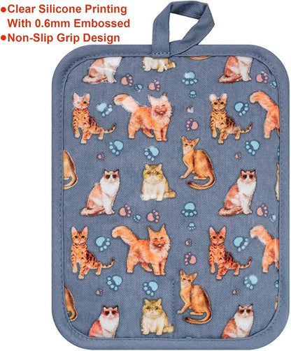 Pot Holders Set of 2 Heat Resistant 480 ℉Non Slip Clear Silicone Printed Comfortable Cotton Lining Kitchen Women Men Cooking Baking Microwave Machine Washable (Cat, Grey potholders)