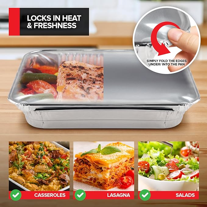 Stock Your Home 9x13 Disposable Baking Pan Covers (25 Pack) Heavy-Duty Aluminum Cake Pans Lids, Sturdy, Sealable Covers for Food Containers, Leak-Free + Safe Transport & Storage For Catering - Image 5