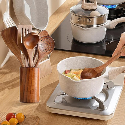 Wooden Kitchen Utensil Set, 9-Piece Cooking Tools with Holder and Spoon Rest, Wooden Spoons for Cooking