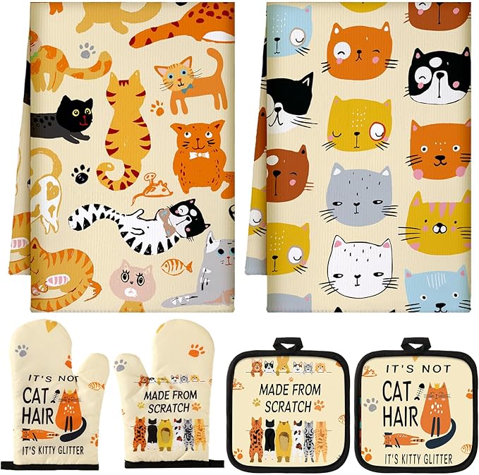 Jingmore 6 Pcs Kitchen Decor Set Accessorie Farmhouse Kitchen Towels Pot Holders Oven Mitts Set 2 Dish Towels 2 Pot Holders 2 Cooking Mittens Oven Glove for Cooking(Vivid Color,Cat) by Jingmore