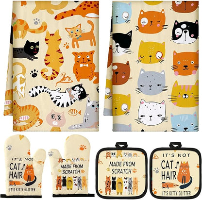 Jingmore 6 Pcs Kitchen Decor Set Accessorie Farmhouse Kitchen Towels Pot Holders Oven Mitts Set 2 Dish Towels 2 Pot Holders 2 Cooking Mittens Oven Glove for Cooking(Vivid Color,Cat) by Jingmore