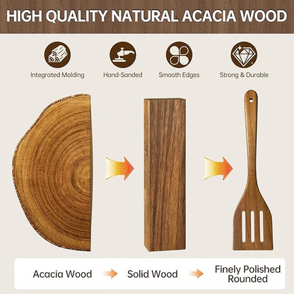 Wooden Utensil Set 11 Pcs - Natural Non-Toxic Acacia Wooden Spoons for Cooking, Nonstick, Sturdy, Easy to Clean, Wood Kitchen Utensils Set with Ceramic Spoon Rest & 10 Hooks, Ideal for Gifting