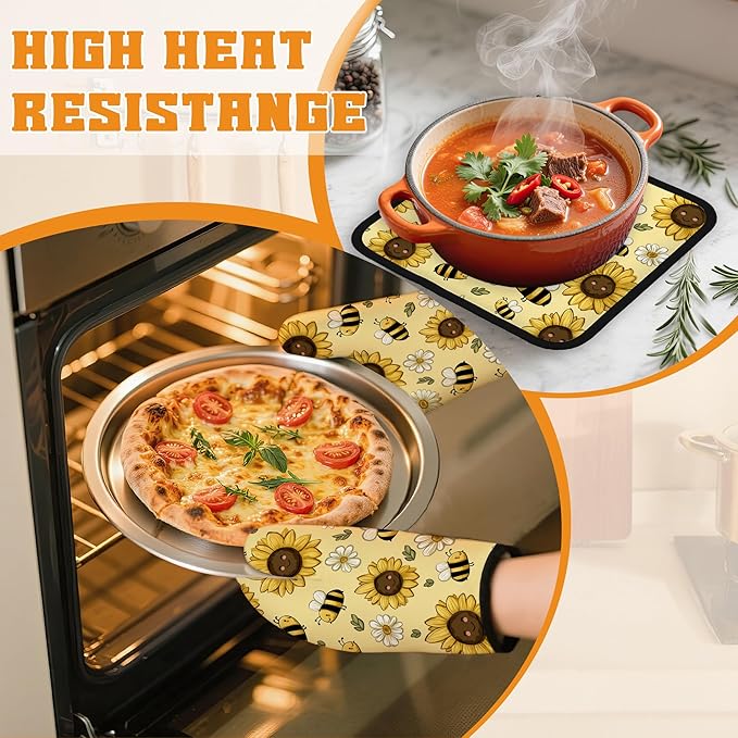 Sunflower Bee Oven Mitts and Pot Holders Set,Daisy Kitchen Oven Gloves and Pot Holder with Heat Resistant Non Slip for Cooking Baking Grilling(4 Piece Set)