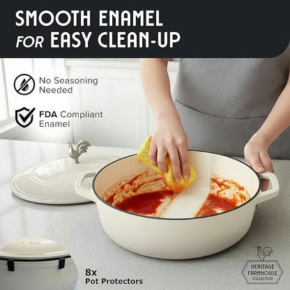 MUELLER HOME 5.5 Quart Enameled Cast Iron Oval Dutch Oven with Rooster Knob & Cotton Potholders, Heavy-Duty Cookware, Oven-Safe up to 500° F & Across All Cooktops, Gifts for Grandma & Women, White - Image 8