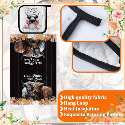 Bencailor 6 Pcs Cattle Kitchen Towels Oven Mitts and Pot Holders Set Decorative Dish Towels Tea Washcloth Non Slip Heat Resistant Oven Gloves for Summer Home Cooking Baking, Retro Color - Image 5