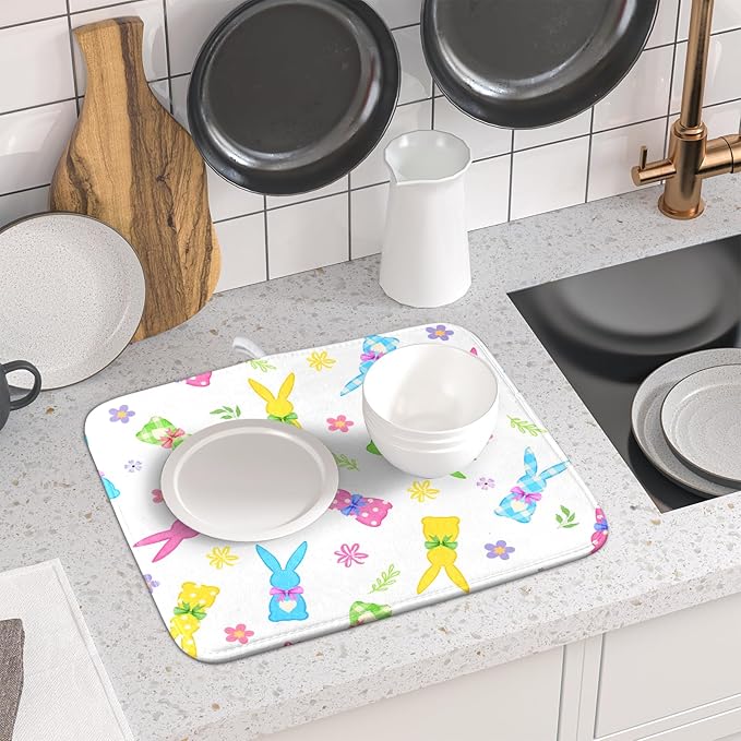 Easter Dish Drying Mat for Kitchen Counter Cute Bunny Floral Holiday Microfiber Absorbent Dish Draining Reusable Washable Foldable 16"x18" - Image 6