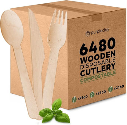 Wooden Compostable Utensils Set 6480 PCS (2160 Sets Fork Spoons Knives) Sturdy Wood Disposable Cutlery - Eco-Friendly Biodegradable Utensils for Party - Free From Plastic Cutlery Set for Eating by Purpleclay