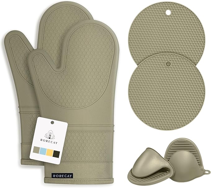 Rorecay 6pcs Oven Mitts and Pot Holders Sets Heat Resistant 500 Degrees, Extra Long Silicone Oven Gloves Non-Slip Potholders Hot Pads for Kitchen Baking Cooking, Quilted Liner, Martini Olive by Rorecay