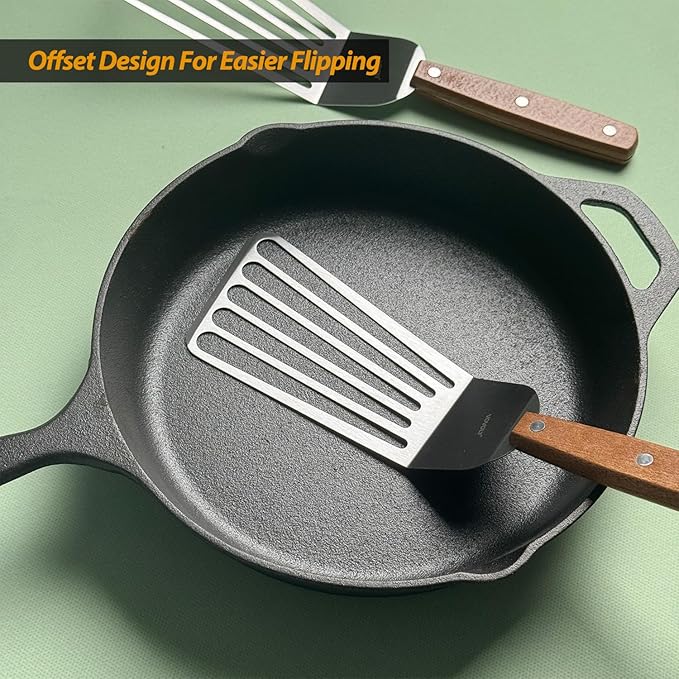 2 Pack Offset Fish Spatula Turner, Stainless Steel Slotted Spatulas for Flipping, Turning, Frying & Grilling, Offset Metal Slotted Spatulas, Wooden Full Tang Handle - Image 5