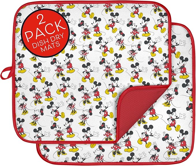 Disney Dish Drying Mats for Kitchen Counter (2 Pack) – 16" x 18" Absorbent Kitchen Drying Mats for Dishes – Mickey & Minnie, Winnie the Pooh, & Stitch Dish Mats by BestBrands