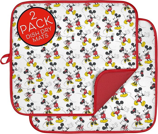 Disney Dish Drying Mats for Kitchen Counter (2 Pack) – 16" x 18" Absorbent Kitchen Drying Mats for Dishes – Mickey & Minnie, Winnie the Pooh, & Stitch Dish Mats by BestBrands