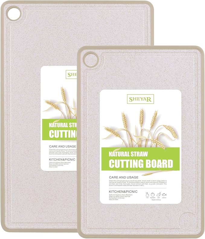 Cutting Board for Kitchen, Wheat Straw Fiber Cutting Board, Dish Washer Safe, w/Juice Grooves for Meat, Veggies,Easy Grip Handle, Non-slip Surface,Eco-friendly,Serveware Accessories 2 PACK