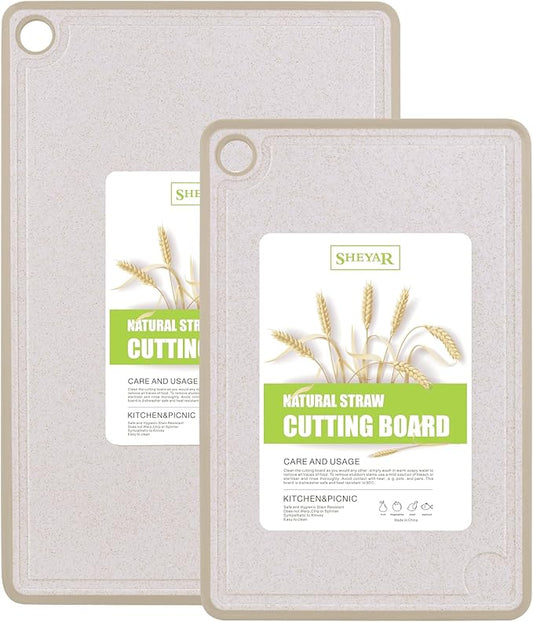 Cutting Board for Kitchen, Wheat Straw Fiber Cutting Board, Dish Washer Safe, w/Juice Grooves for Meat, Veggies,Easy Grip Handle, Non-slip Surface,Eco-friendly,Serveware Accessories 2 PACK
