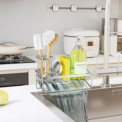 SWTYMIKI Sink Caddy Sponge Holder - Kitchen Sink Organizer with Stainless Steel Self Drain Tray & High Brush Holder for Countertop to Hold Dish Soaps and Sponges, Stainless Steel, Silver - Image 2