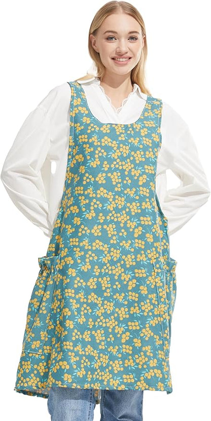 Cozy Adjustable Cross Back Aprons for Women with Pockets Cotton Linen Cooking Kitchen Baking