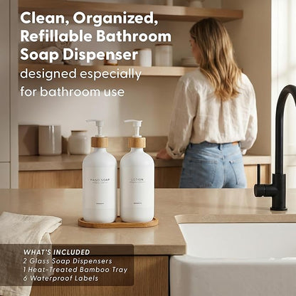 MaisoNovo Glass Soap Dispenser Bathroom Set of 2-16.9 oz Bathroom Soap Dispenser Set - White Glass Bottles x 2 with White Bamboo Pumps & Tray