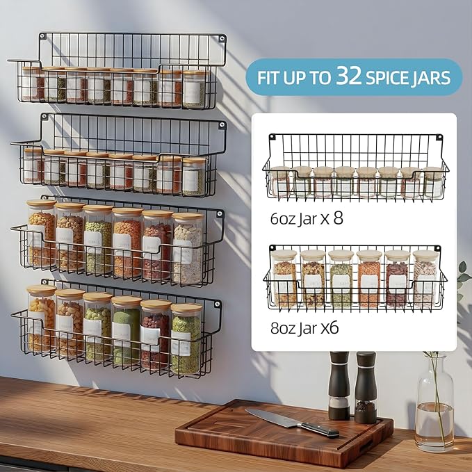Spice Rack Wall Mount, Spice Organizer for Cabinet & Pantry Door, Set of 4 Hanging Spice Rack Saving Space for Kitchen, Black - Image 6