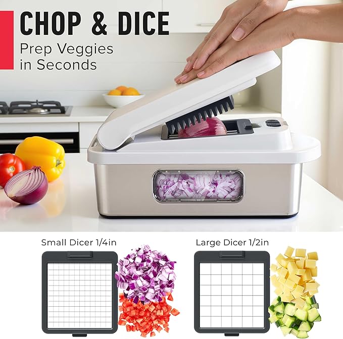 Mueller Pro-Series 10-in-1, 8 Blade Stainless Steel Multi Vegetable Chopper And Mandoline Slicer, Kitchen Accessories and Essentials, Food and Veggie Chopper, Mincer, Dicer, White Sand/Grey - Image 4