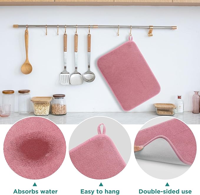 GeeRic Microfiber Dish Drying Mat, Super Absorbent Kitchen Dish Drying Pad for Mother's Day, Reversible Gift Mats for Countertop, 17.8 * 23.6 inch Pink - Image 3