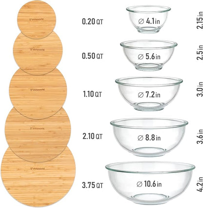 Stackable Space-Saving Set of 5 Nesting Glass Bowls with Bamboo Lids for Foodprep, Storage, Baking, Mixing & Cooking, Microwave & Oven Safe BPA Free Heat Resistant Inert Borosilicate Glass - Image 2