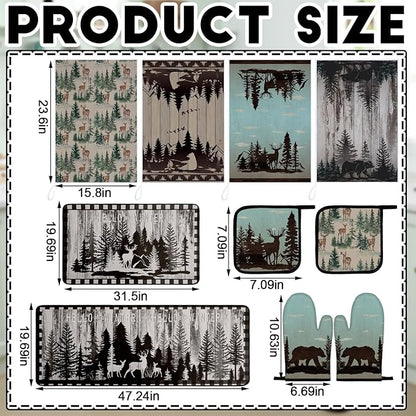 Fourluoo 10 Pcs Farmhouse Kitchen Decor Set Dish Towels Kitchen Rugs Oven Mitts and Pot Holders for Cooking Baking Grilling Women Mom Daughter Gift(Brown,Green,Forest)