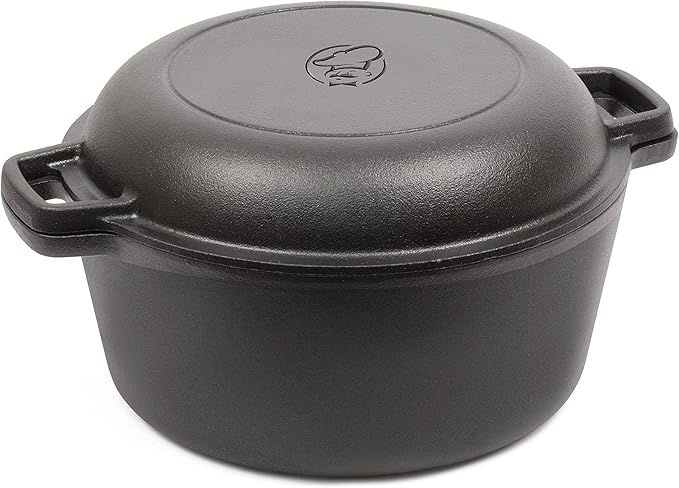 Commercial Chef 2-in-1 5-Qt. Dutch Oven with 10.25-Inch Skillet Lid, Pre-Seasoned Cast Iron, Works on All Cooktops Including Induction, Outdoor Cookware for Campfires or Grills, CHFL508 by CommercialChef