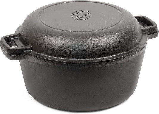 Commercial Chef 2-in-1 5-Qt. Dutch Oven with 10.25-Inch Skillet Lid, Pre-Seasoned Cast Iron, Works on All Cooktops Including Induction, Outdoor Cookware for Campfires or Grills, CHFL508 by CommercialChef