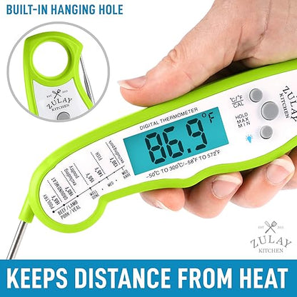 Zulay Instant Read Food Thermometer - Waterproof Digital Meat Thermometer with Backlight, Calibration & Internal Magnetic Mount - Cooking Thermometer for Meat, Kitchen, BBQ & Grill (Green)