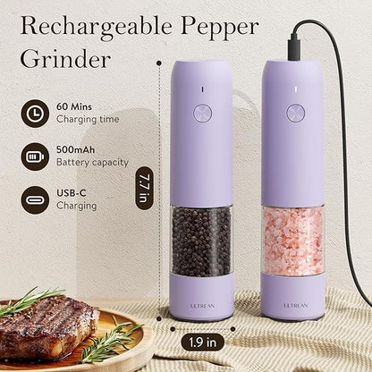 Ultrean Pepper Grinder, Rechargeable Salt and Pepper Grinder with 6 Adjustable Coarseness, LED Light, Automatic Salt and Pepper Shakers, Kitchen Gadgets, Gifts for Women, Lavender Purple - Image 4