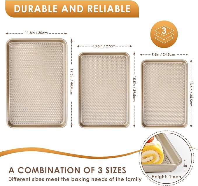 Baking Sheet Pan Set of 3, Nonstick Carbon Steel Cookie Sheets with Texture, Commercial Half/Quarter/Jelly Roll Pans Replacement Toaster Oven Tray, Heavy Duty & Easy Clean, Champagne Gold - Image 2