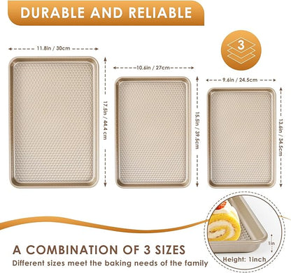 Baking Sheet Pan Set of 3, Nonstick Carbon Steel Cookie Sheets with Texture, Commercial Half/Quarter/Jelly Roll Pans Replacement Toaster Oven Tray, Heavy Duty & Easy Clean, Champagne Gold - Image 2