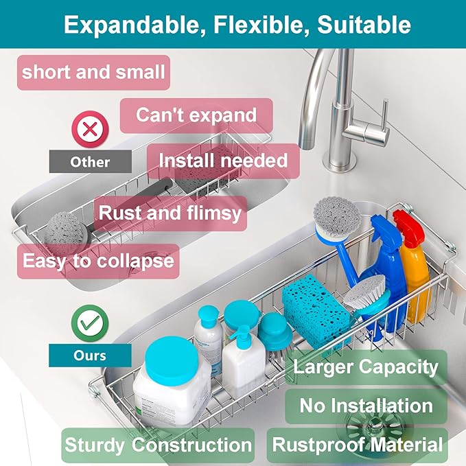 Over The Kitchen Sink Caddy Sponge Holder Organizer Drying Rack Expandable for Sponge Brush Soap Dish Cloth Rag 14.5" to 22", Stainless Steel - Image 5