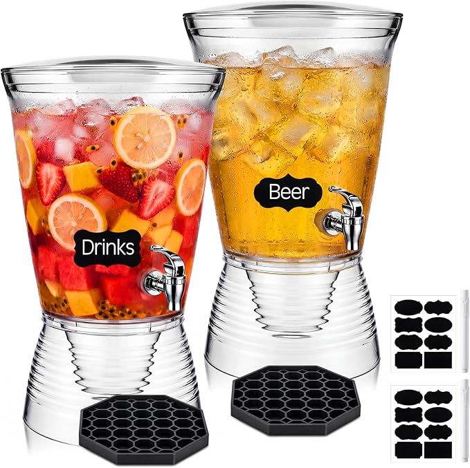 Nuenen 2 Sets of 2.6 Gallon Beverage Dispensers for Parties, Clear Plastic Drink Juice Dispensers with Spigot and Drip Tray Beverage Water Fountains for Wedding Birthday Party Cold Hot Drinks by Nuenen