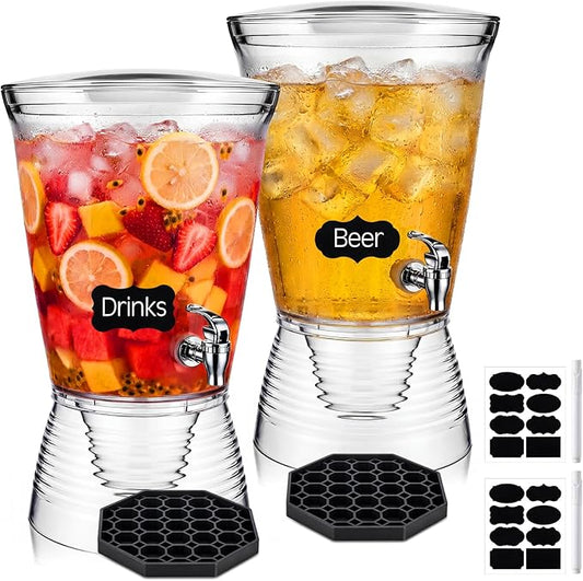 Nuenen 2 Sets of 2.6 Gallon Beverage Dispensers for Parties, Clear Plastic Drink Juice Dispensers with Spigot and Drip Tray Beverage Water Fountains for Wedding Birthday Party Cold Hot Drinks by Nuenen