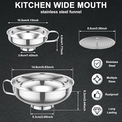 3 Piece Stainless Steel Canning Funnel Set with Strainer, Wide Mouth Mason Jar Funnels for Kitchen, Metal Funnel for Filling Bottles, Canning Supplies for Preserving, Dishwasher Safe
