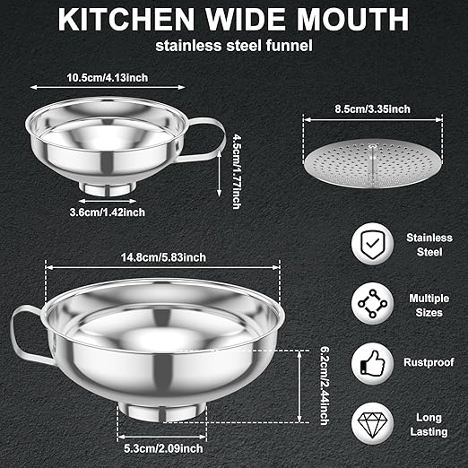 6 Piece Stainless Steel Canning Funnel Set with Strainers, Wide Mouth Mason Jar Funnels Family Pack, Metal Funnels for Filling Bottles, Canning Supplies for Preserving