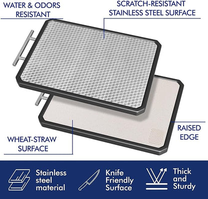 Stainless Steel Cutting Board, Scratch-resistant Cutting Board for Kitchen, 16 * 11 inch Double Sided Chopping Board, 304 Stainless Steel and Food-Grade Wheat Straw PP, Dishwasher Safe - Image 2